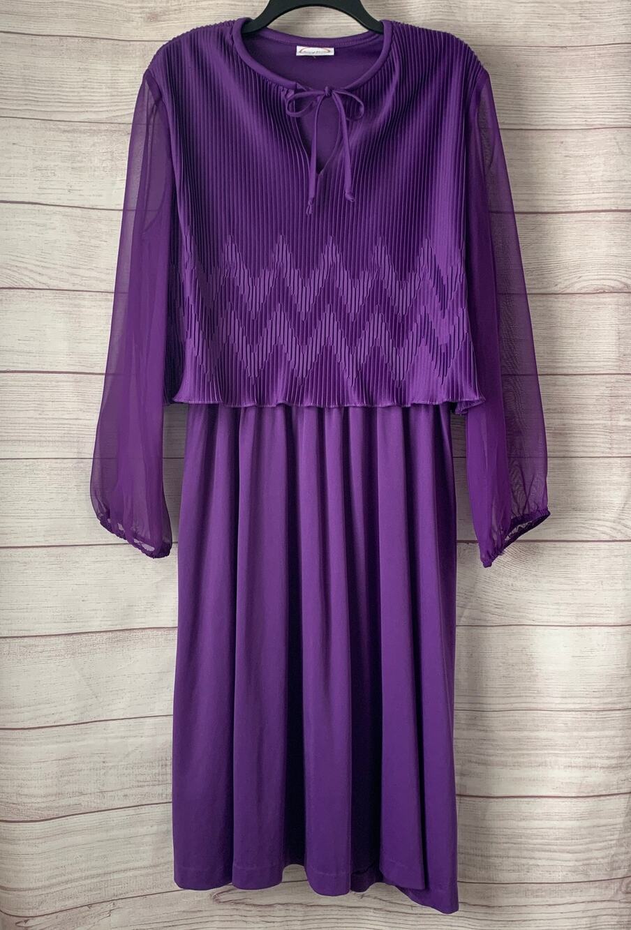 Vintage Amy-Deb Purple Dress Sheer Long Sleeves Tie Neck Chevron Pleats